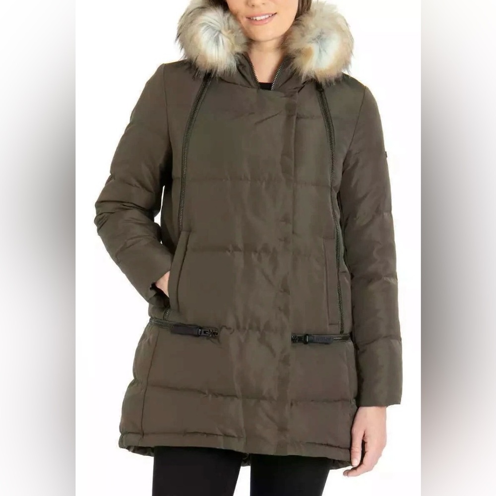 Derek Lam 10 Crosby Olive Green Down Parka Faux Fur Coat Size XL NWT